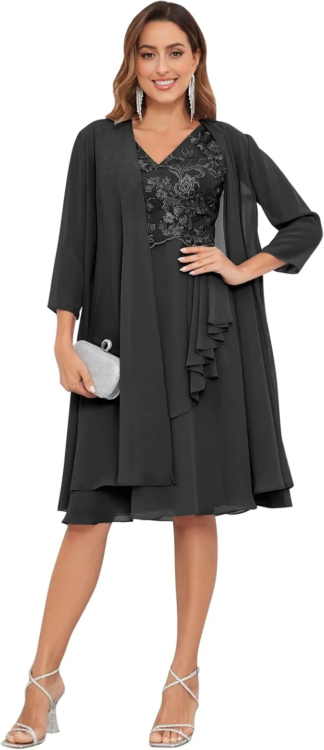 2 Pieces Mother of The Bride Dresses for Wedding with Jacket 3/4 Sleeve Lace Chiffon Evening Formal Gown