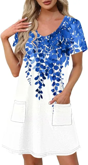2025 Womens Summer Mini Dresses Casual Floral Shirt Dress Short Sleeve V-Neck Beach Sundress Pockets Swimsuit Coverup