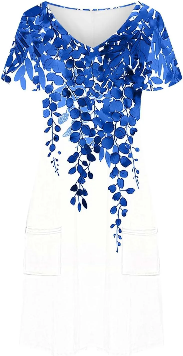 2025 Womens Summer Mini Dresses Casual Floral Shirt Dress Short Sleeve V-Neck Beach Sundress Pockets Swimsuit Coverup