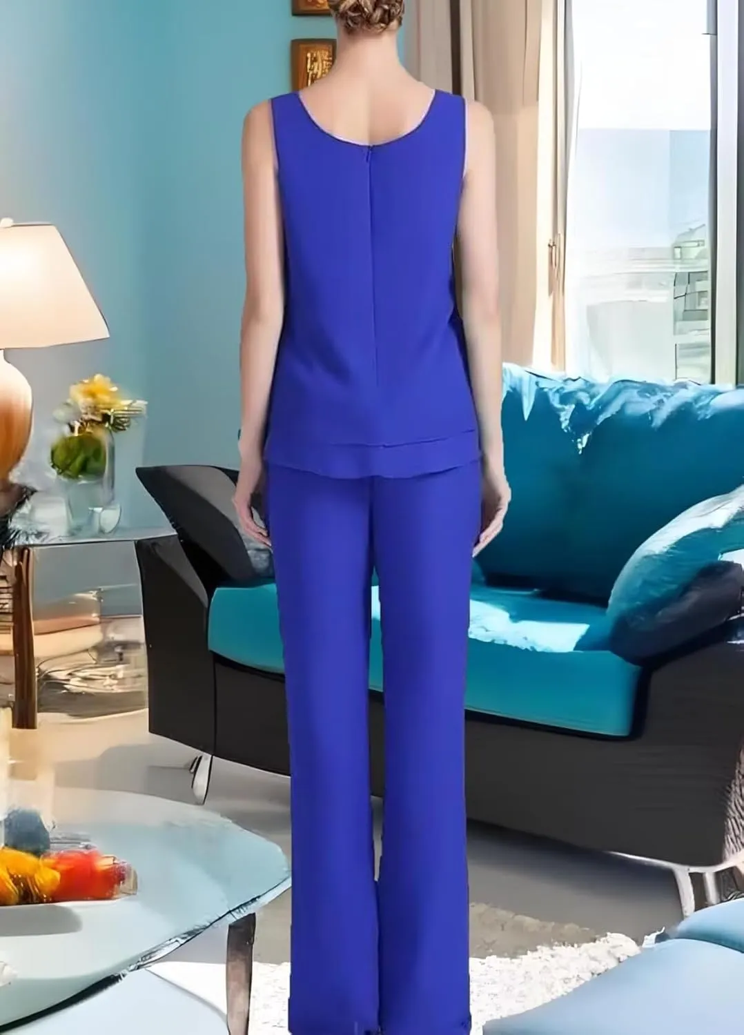 3 Piece Mother of The Bride Pant Suits with 3/4 Sleeve Cascading Ruffles Floor-Length Outer Wear for Women PS003