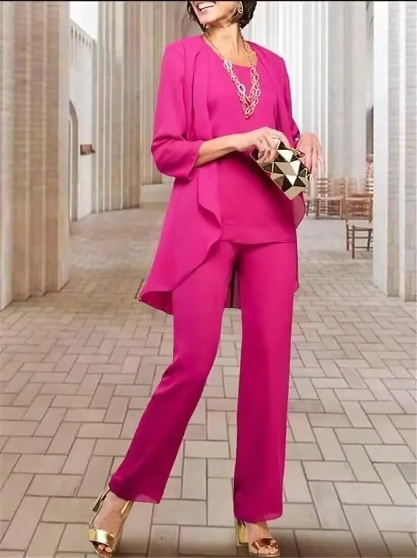 3 Piece Mother of The Bride Pant Suits with 3/4 Sleeve Cascading Ruffles Floor-Length Outer Wear for Women PS003