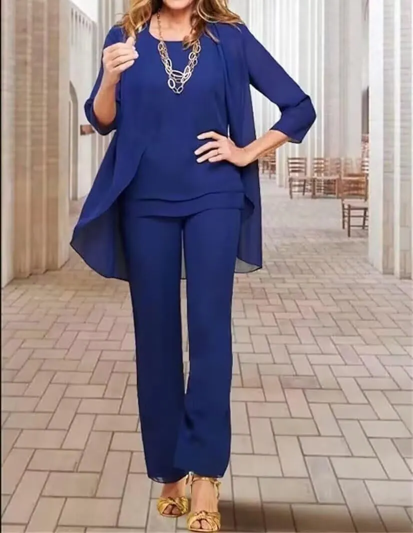 3 Piece Mother of The Bride Pant Suits with 3/4 Sleeve Cascading Ruffles Floor-Length Outer Wear for Women PS003