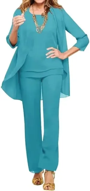3 Piece Mother of The Bride Pant Suits with 3/4 Sleeve Cascading Ruffles Floor-Length Outer Wear for Women PS003