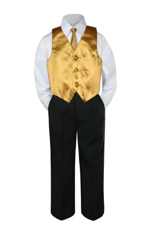 4pc Formal Baby Teen Boys Gold Vest Necktie Set Black Pants Suits S-14 (12)