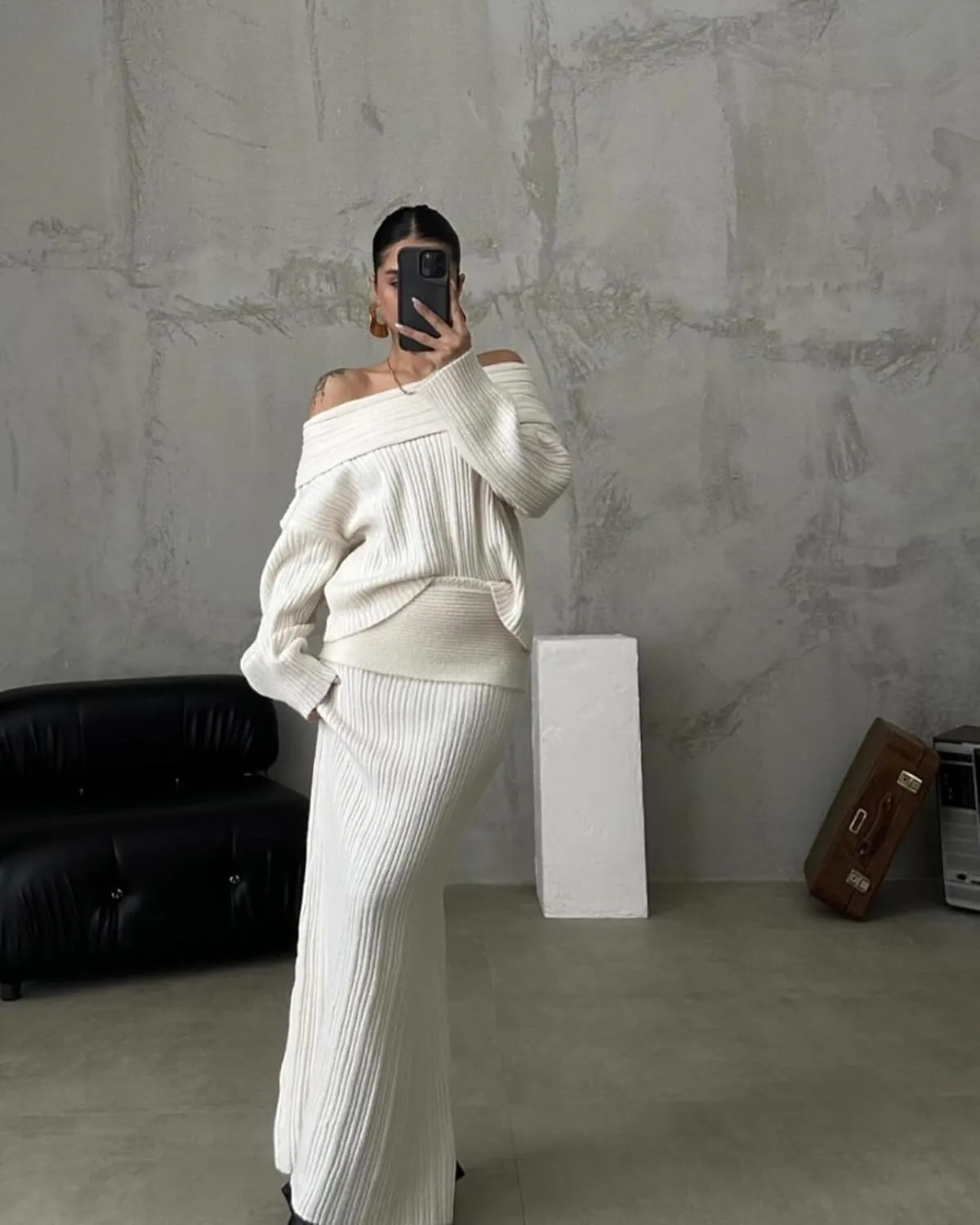 Aesthetic Two Piece Sets Knit Sweater Off The Shoulder Sweater Long Sleeve Sweater Knit Skirt Midi Skirt Maxi Dress