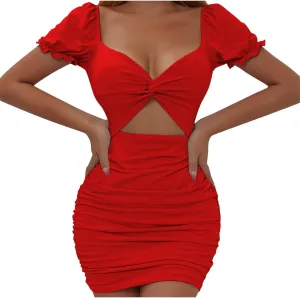 Akklian Women's 2024 Ruffle Puff Sleeve Summer Dress Cut Out Twist Bodycon Ruched Mini Club Party Dresses Sexy Cocktail Dress