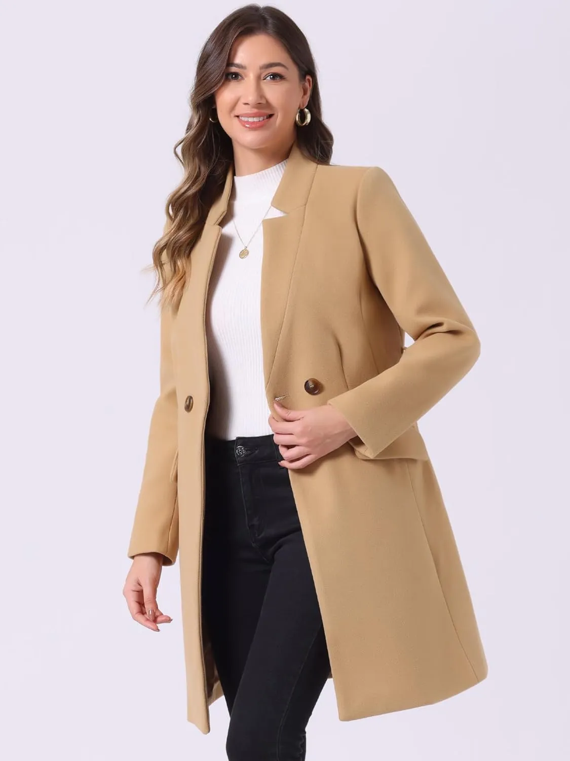 Allegra K Winter Belted Coat for Women's Stand Collar Buttoned Outwear Mid-Long Work Overcoat