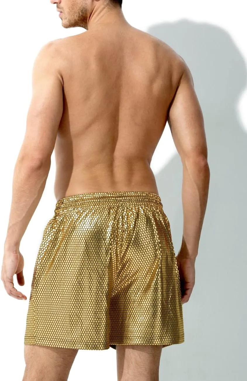 Arjen Kroos Men's Metallic Shorts Sexy Rave Hot Short with Side Pockets and Drawstrings