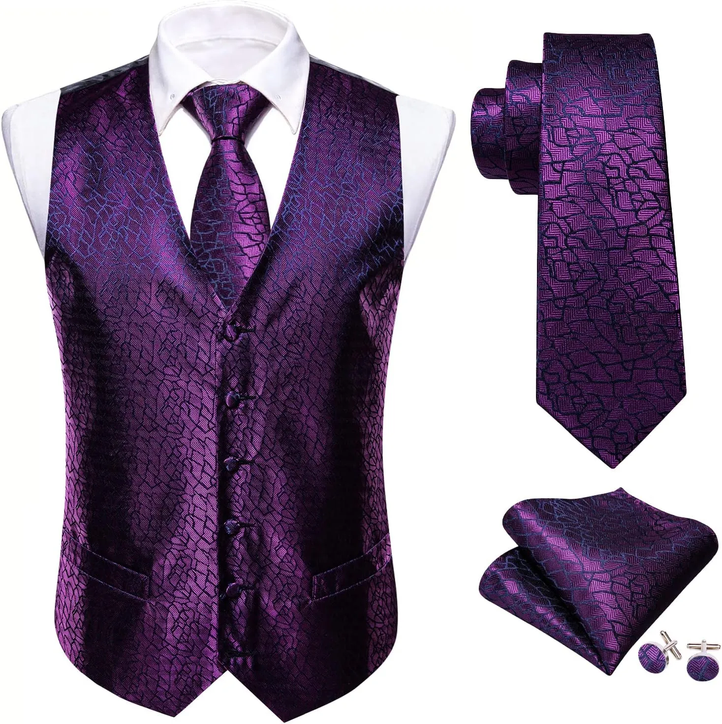 Barry.Wang Mens Paisley V-neck Suit Vest Formal/Leisure Silk Jacquard Waistcoat Tie Set 5PCS