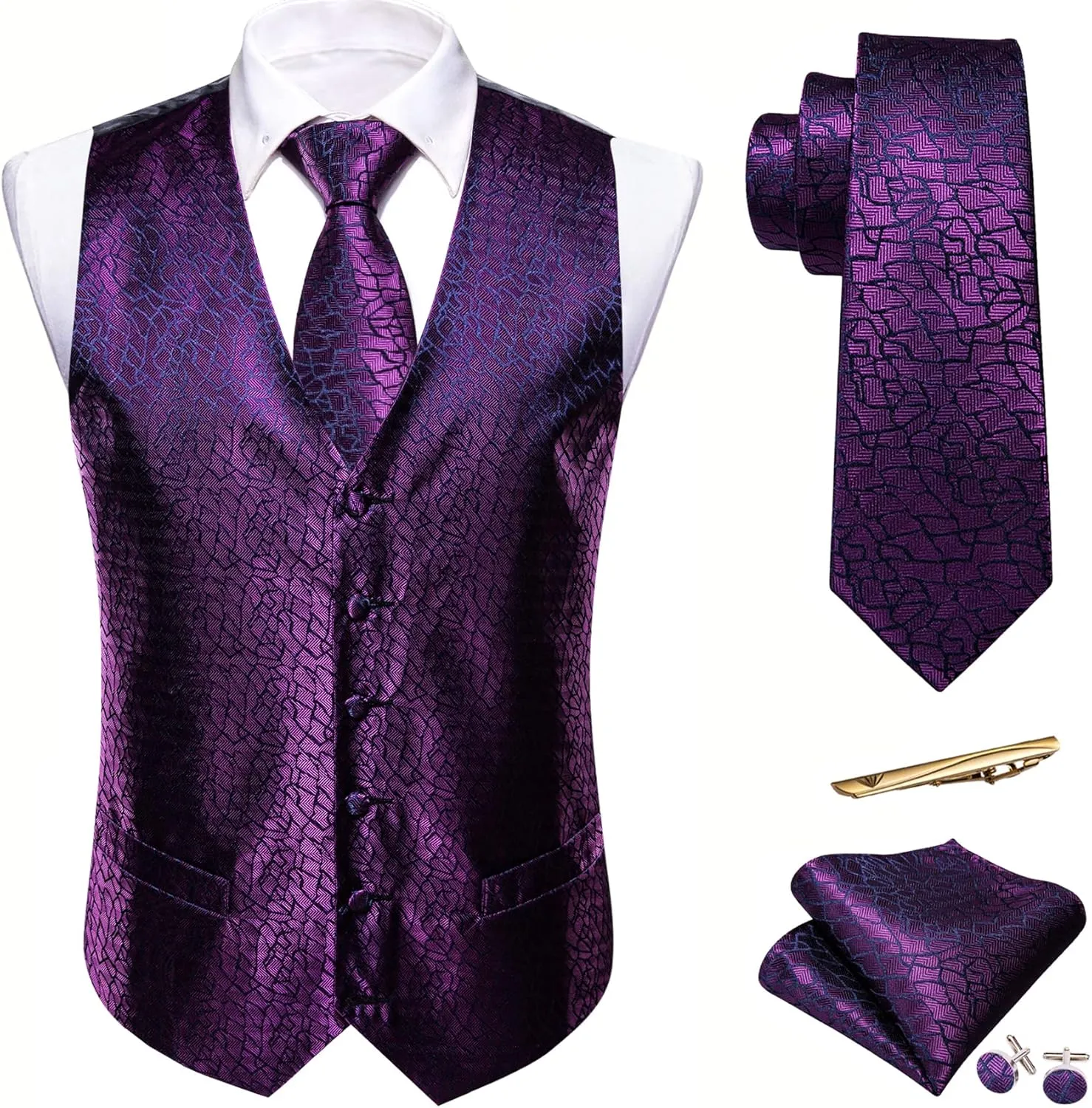 Barry.Wang Mens Paisley V-neck Suit Vest Formal/Leisure Silk Jacquard Waistcoat Tie Set 5PCS