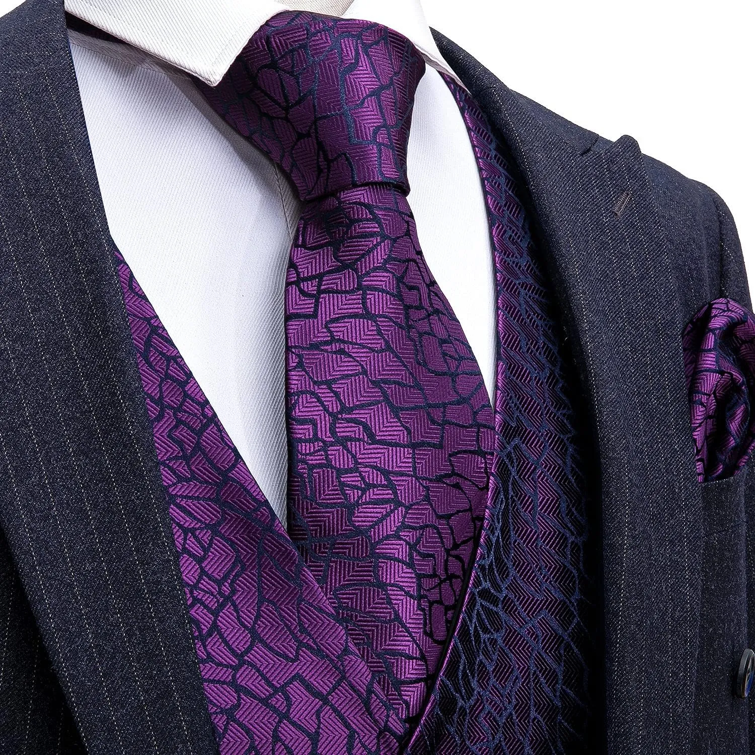 Barry.Wang Mens Paisley V-neck Suit Vest Formal/Leisure Silk Jacquard Waistcoat Tie Set 5PCS