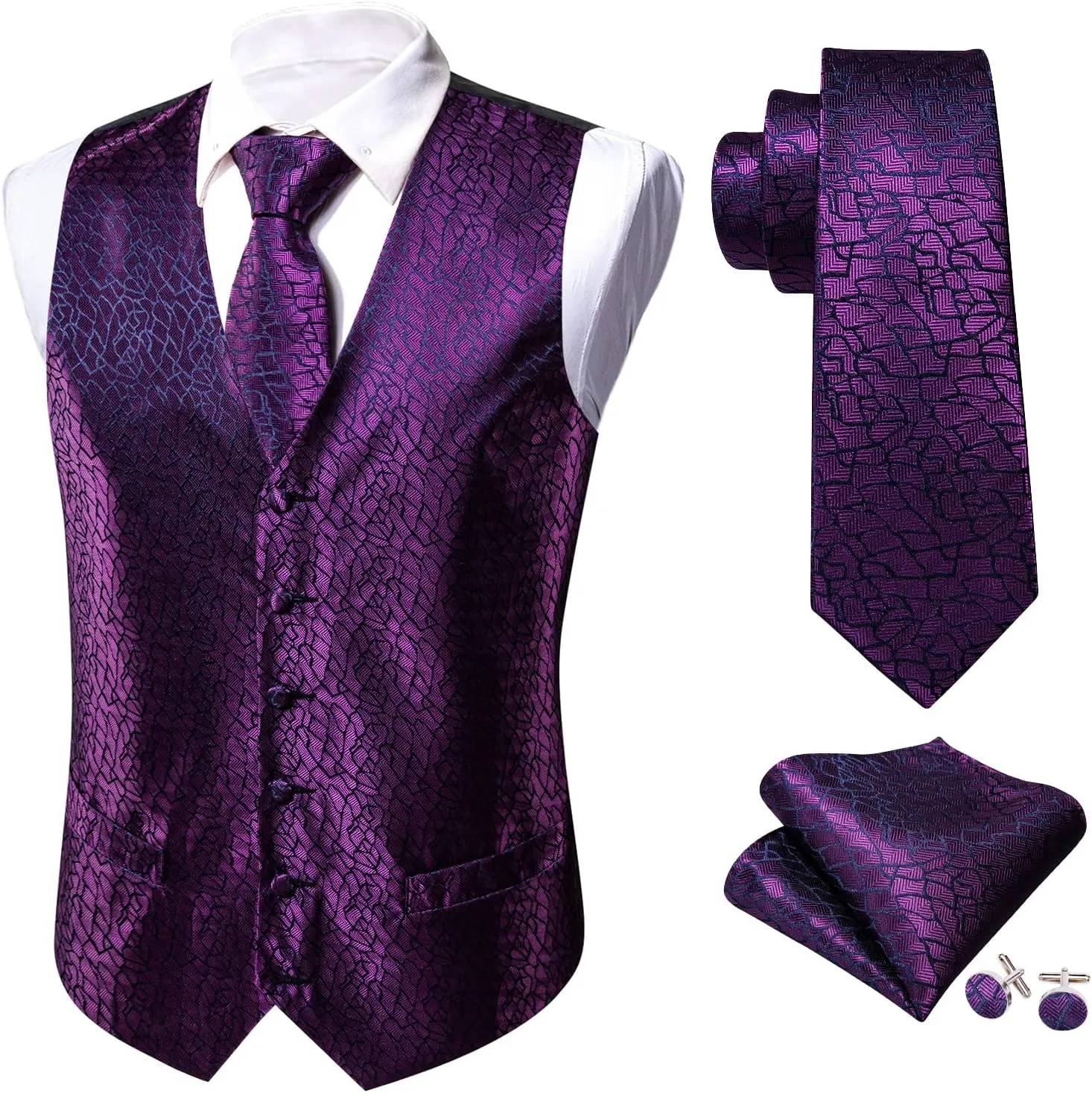 Barry.Wang Mens Paisley V-neck Suit Vest Formal/Leisure Silk Jacquard Waistcoat Tie Set 5PCS