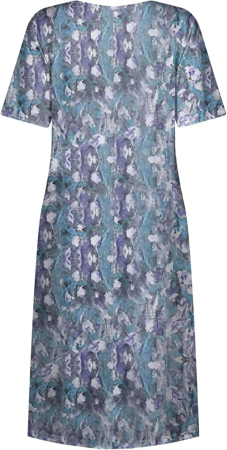 Below The Knee Short Sleeve Cover Up Ladies Dressy Classic Summer Super Soft Graphic Cotton Dress for Women.