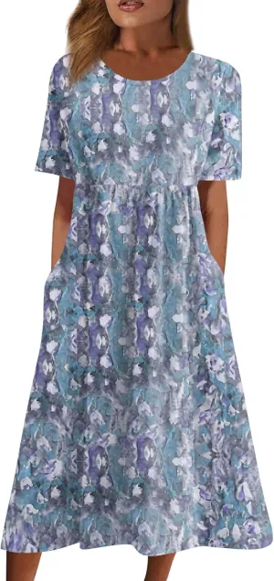 Below The Knee Short Sleeve Cover Up Ladies Dressy Classic Summer Super Soft Graphic Cotton Dress for Women.