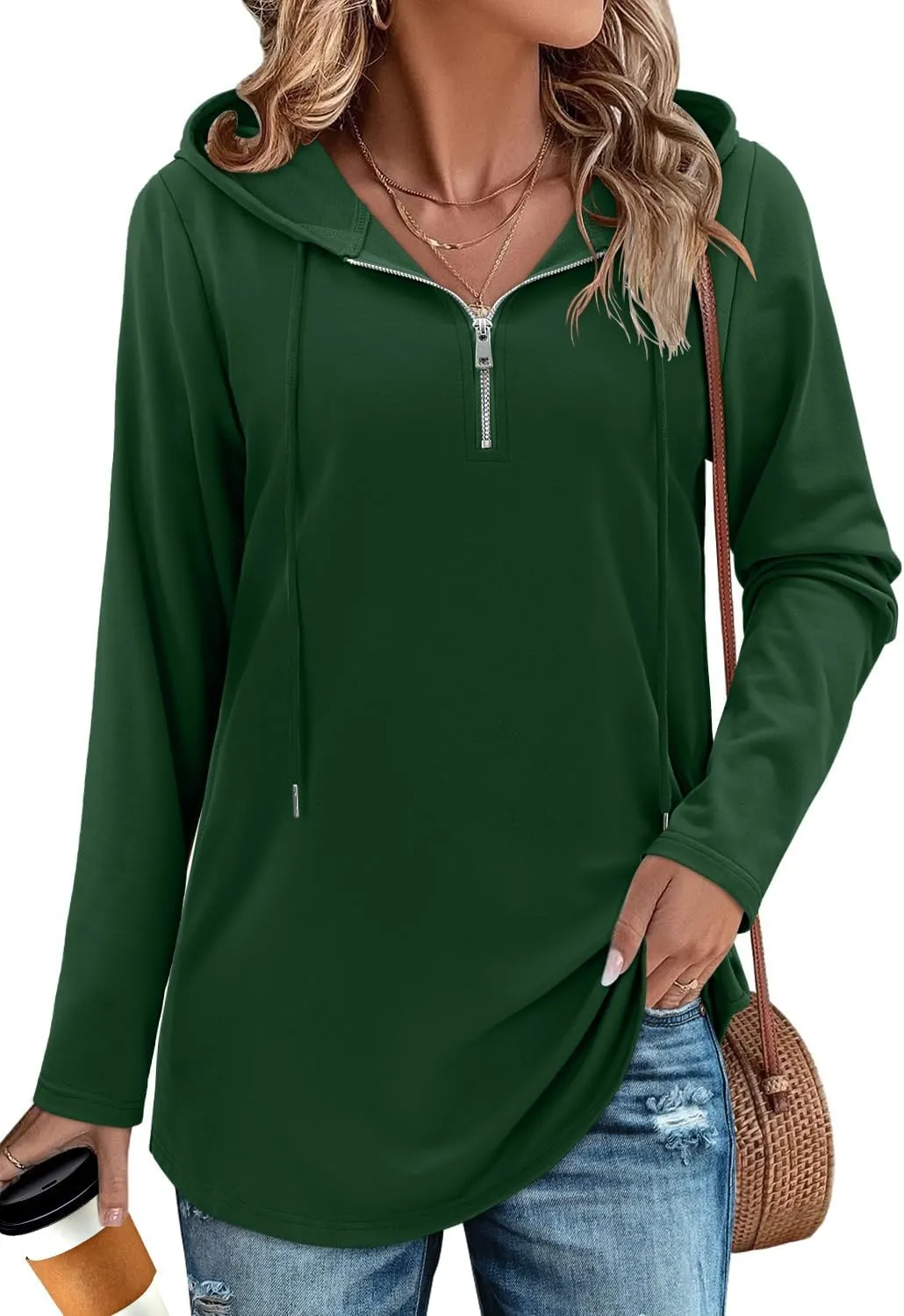 BETTE BOUTIK Womens Quarter Zip Tunic Hoodies Pullover Long Hooded Sweatshirts S-3XL