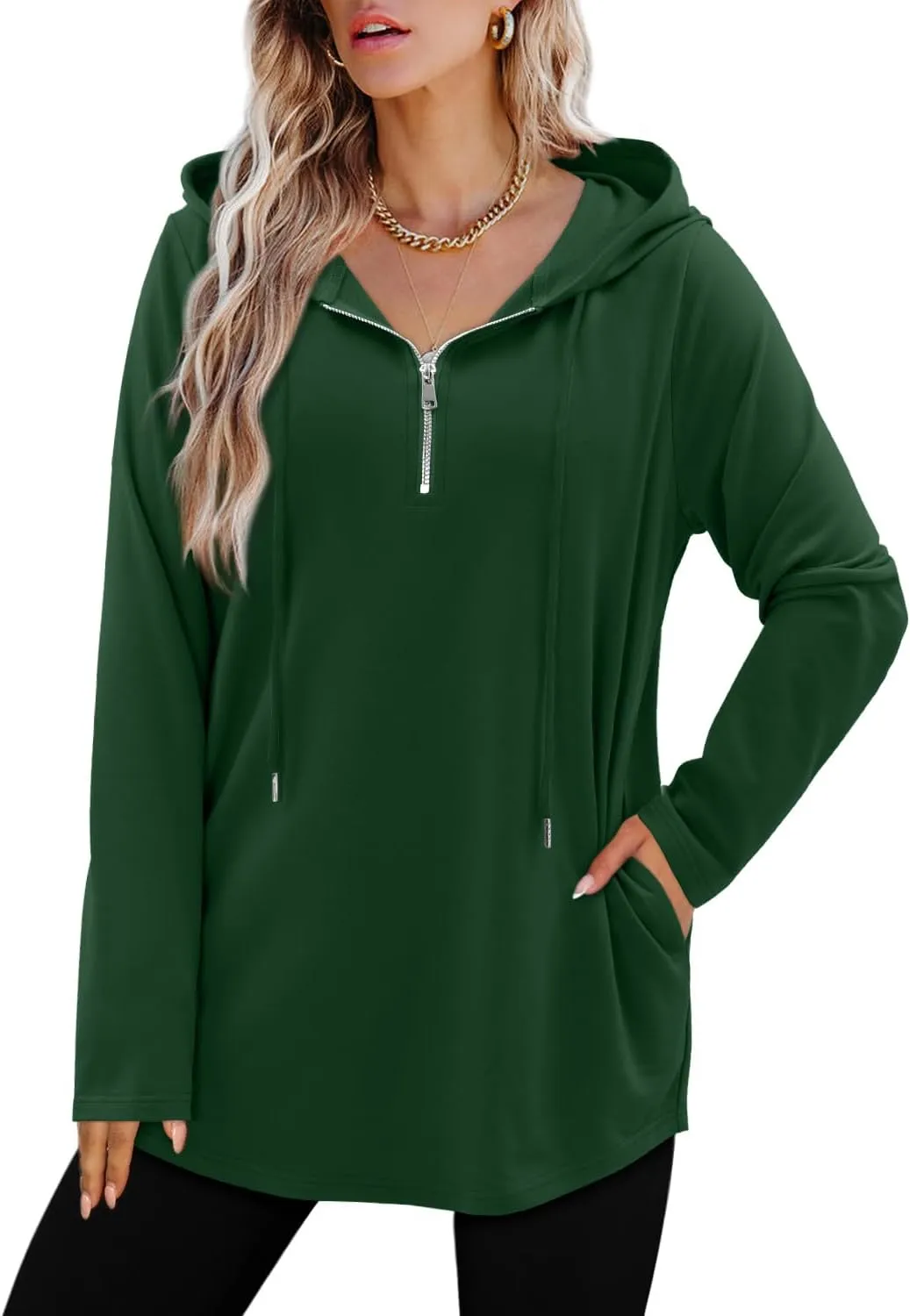 BETTE BOUTIK Womens Quarter Zip Tunic Hoodies Pullover Long Hooded Sweatshirts S-3XL