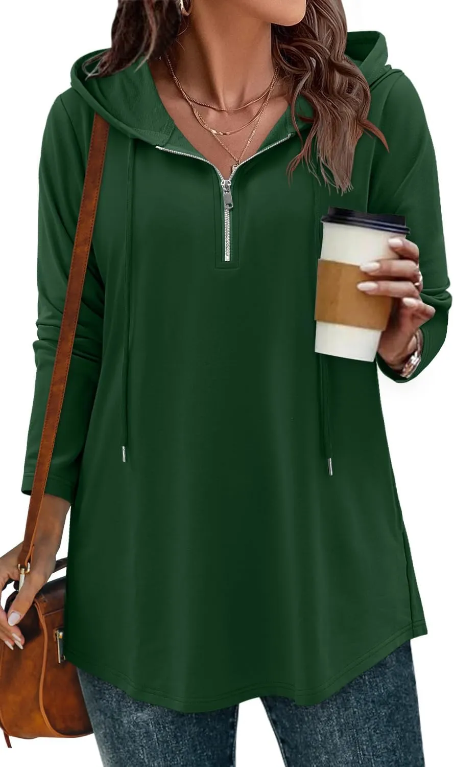 BETTE BOUTIK Womens Quarter Zip Tunic Hoodies Pullover Long Hooded Sweatshirts S-3XL