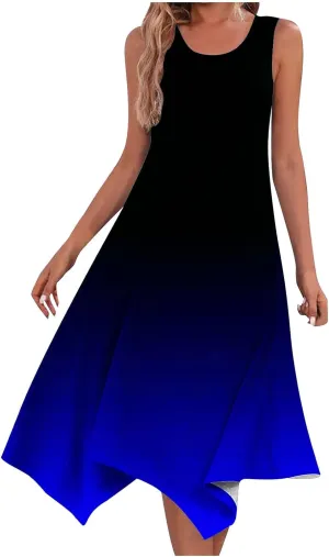 Big Deals Day Women's Hankerchief Hem Maxi Tank Dresses Summer Sleeveless Crew Neck Sundress Casual Ruffle A-Line Boho Dress midi Dresses for Women Navy XL