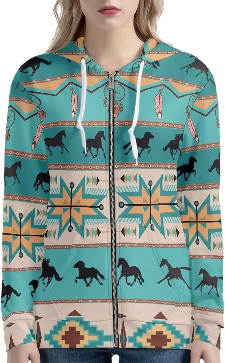 Biyejit Women's Novelty Print Zip Up Hoodies Long Sleeve Hooded Sweatshirt Jacket with Pocket