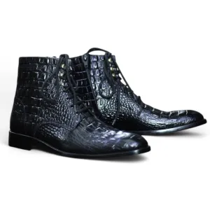 Black Alligator Textured Lace Up Boots