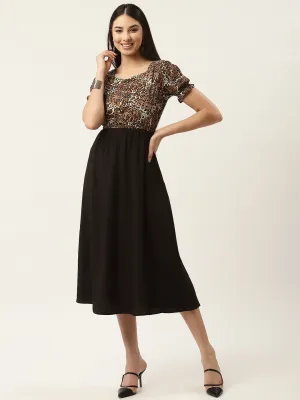 Black & Brown Animal Crepe A-Line Midi Dress