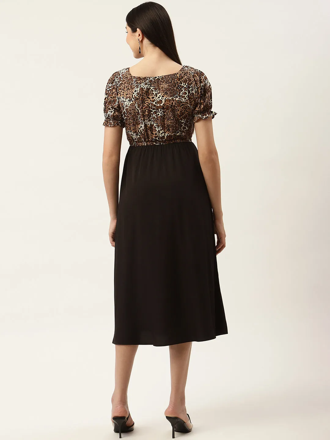 Black & Brown Animal Crepe A-Line Midi Dress