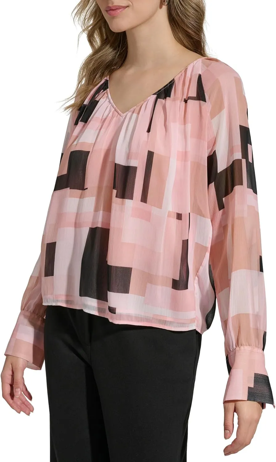 Calvin Klein Women's Printed Long Sleeve V-Neck Blouse