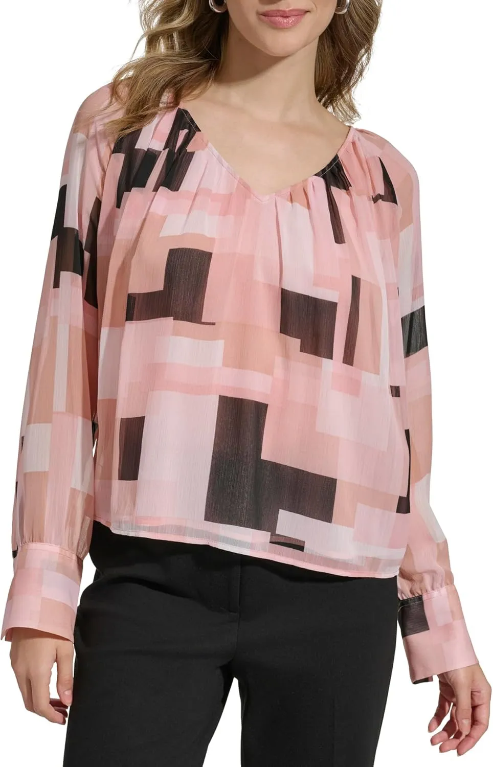 Calvin Klein Women's Printed Long Sleeve V-Neck Blouse