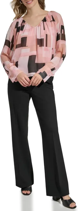 Calvin Klein Women's Printed Long Sleeve V-Neck Blouse