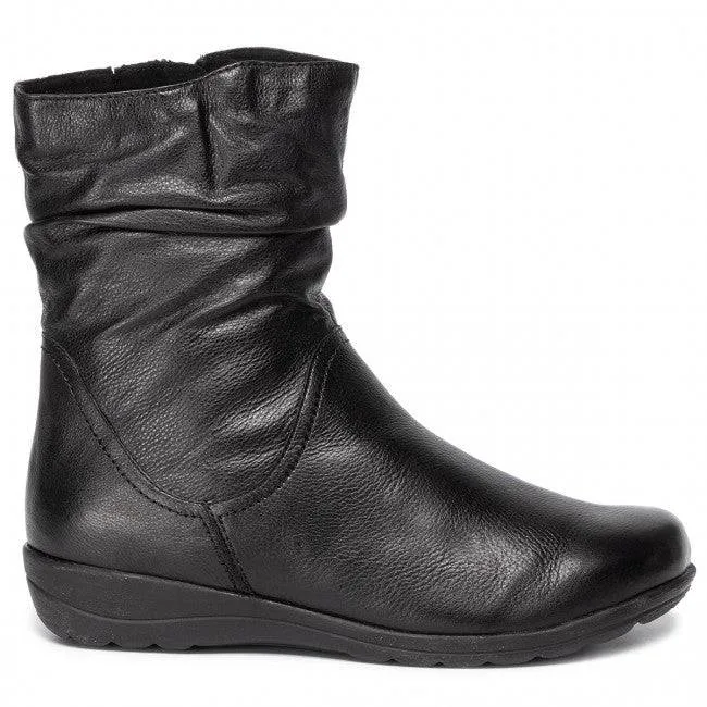 Caprice Black Soft Leather Warm Lined Rouched Ankle Boot
