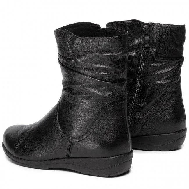 Caprice Black Soft Leather Warm Lined Rouched Ankle Boot