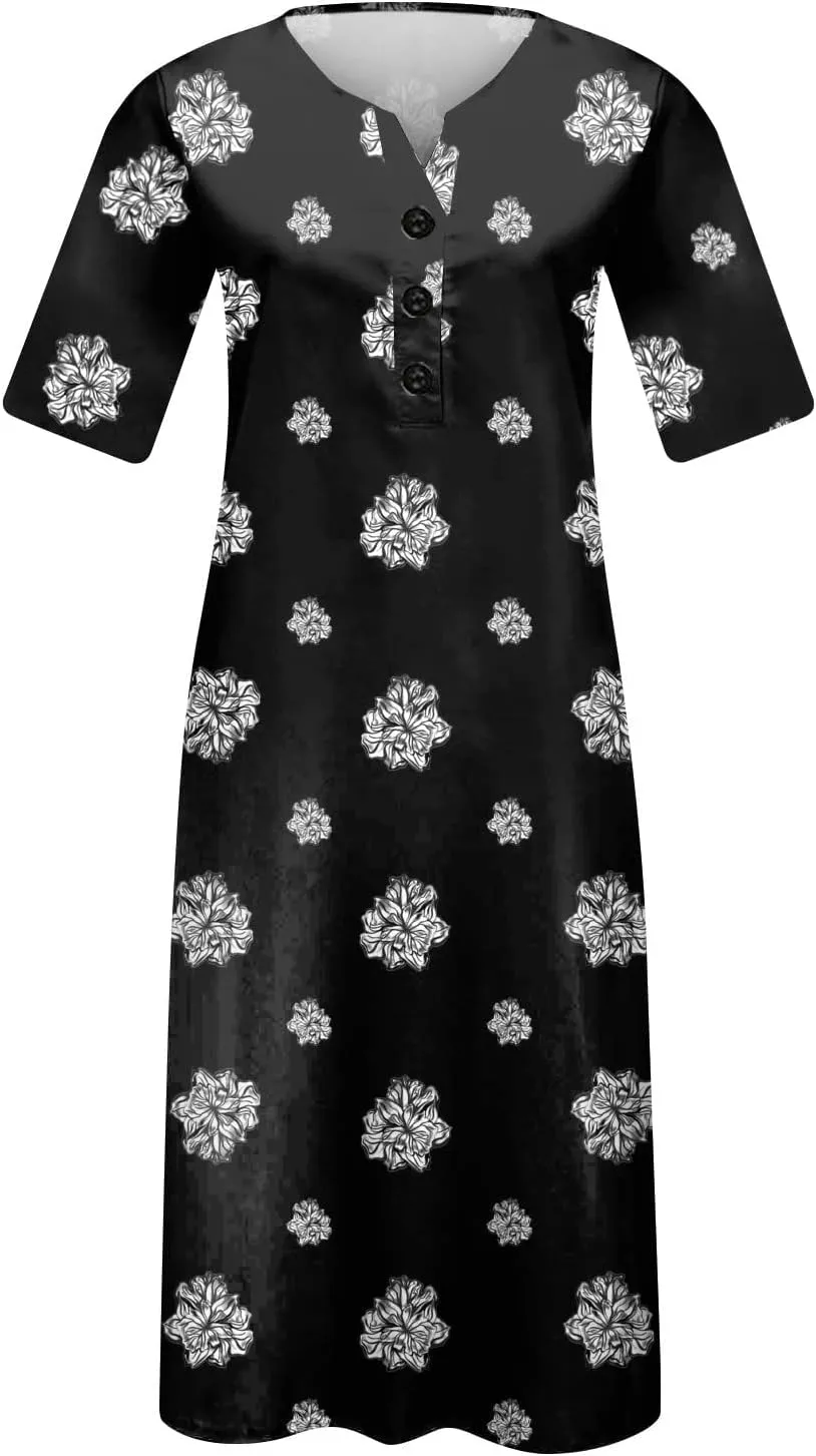Casual Dresses for Women Loose Short Sleeve Floral Print T Shirt Dresses V Neck Pleated Beach Sundresses with Pockets