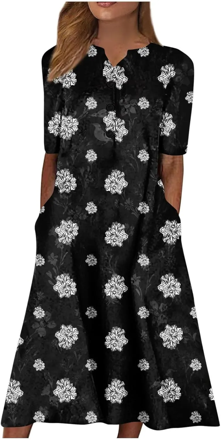 Casual Dresses for Women Loose Short Sleeve Floral Print T Shirt Dresses V Neck Pleated Beach Sundresses with Pockets