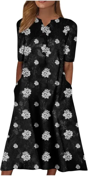 Casual Dresses for Women Loose Short Sleeve Floral Print T Shirt Dresses V Neck Pleated Beach Sundresses with Pockets