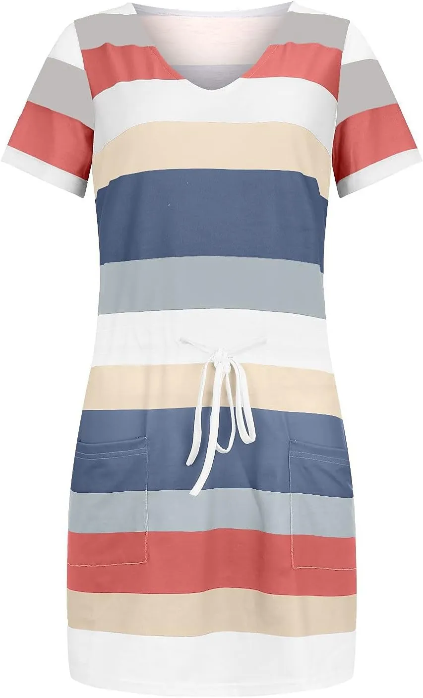 Casual Dresses for Women Short Sleeve Tie Waist Striped Mini Tshirt Dress Cute Summer Beach Sun Dresses with Pockets