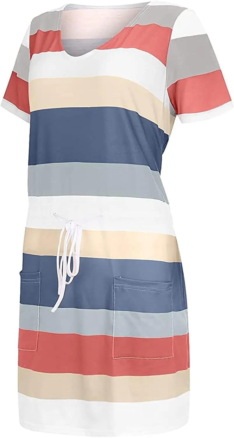 Casual Dresses for Women Short Sleeve Tie Waist Striped Mini Tshirt Dress Cute Summer Beach Sun Dresses with Pockets