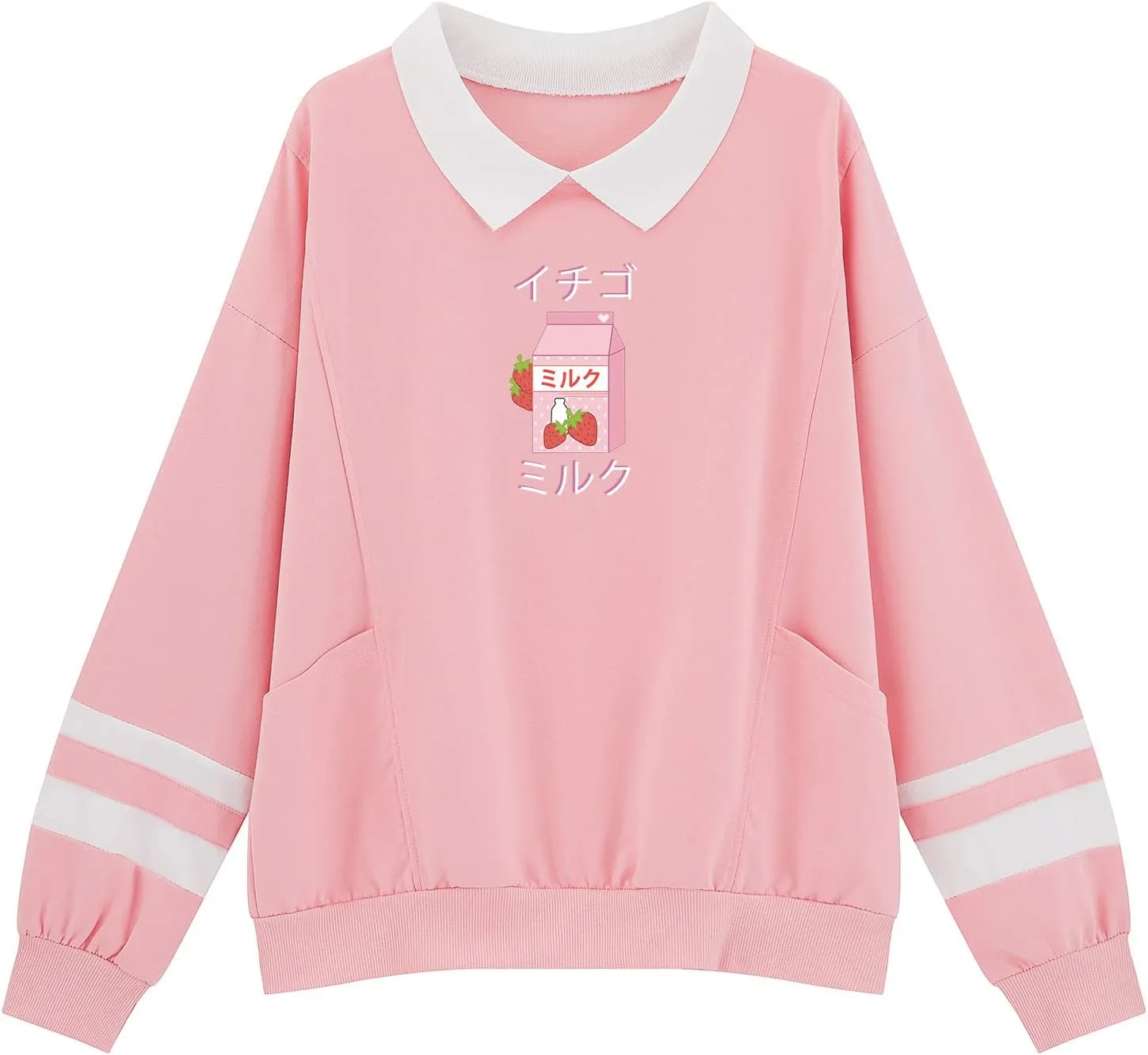 Cute Strawberry Milk Graphic Oversized Sweatshirts for Teen Girls Aesthetic Hoodies Collar Striped Women Pullover