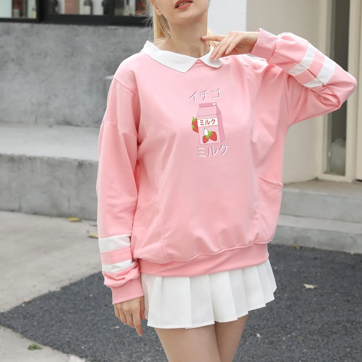 Cute Strawberry Milk Graphic Oversized Sweatshirts for Teen Girls Aesthetic Hoodies Collar Striped Women Pullover
