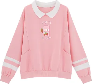 Cute Strawberry Milk Graphic Oversized Sweatshirts for Teen Girls Aesthetic Hoodies Collar Striped Women Pullover