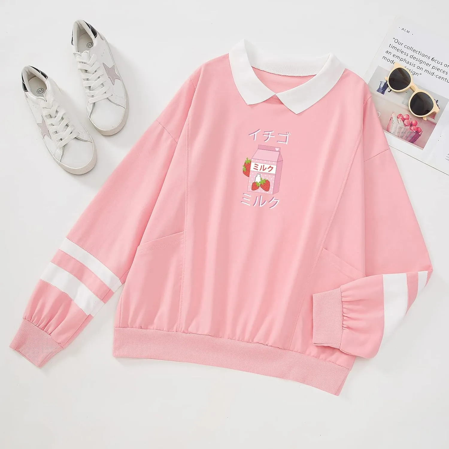 Cute Strawberry Milk Graphic Oversized Sweatshirts for Teen Girls Aesthetic Hoodies Collar Striped Women Pullover