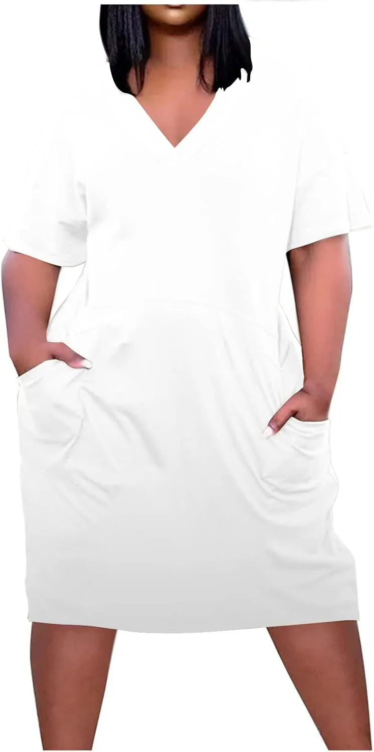 DDAPJ pyju Women's Plus Size Short Sleeve Dress with Pockets Trendy Summer V Neck Midi Dress Comfy Loose Casual Dresses