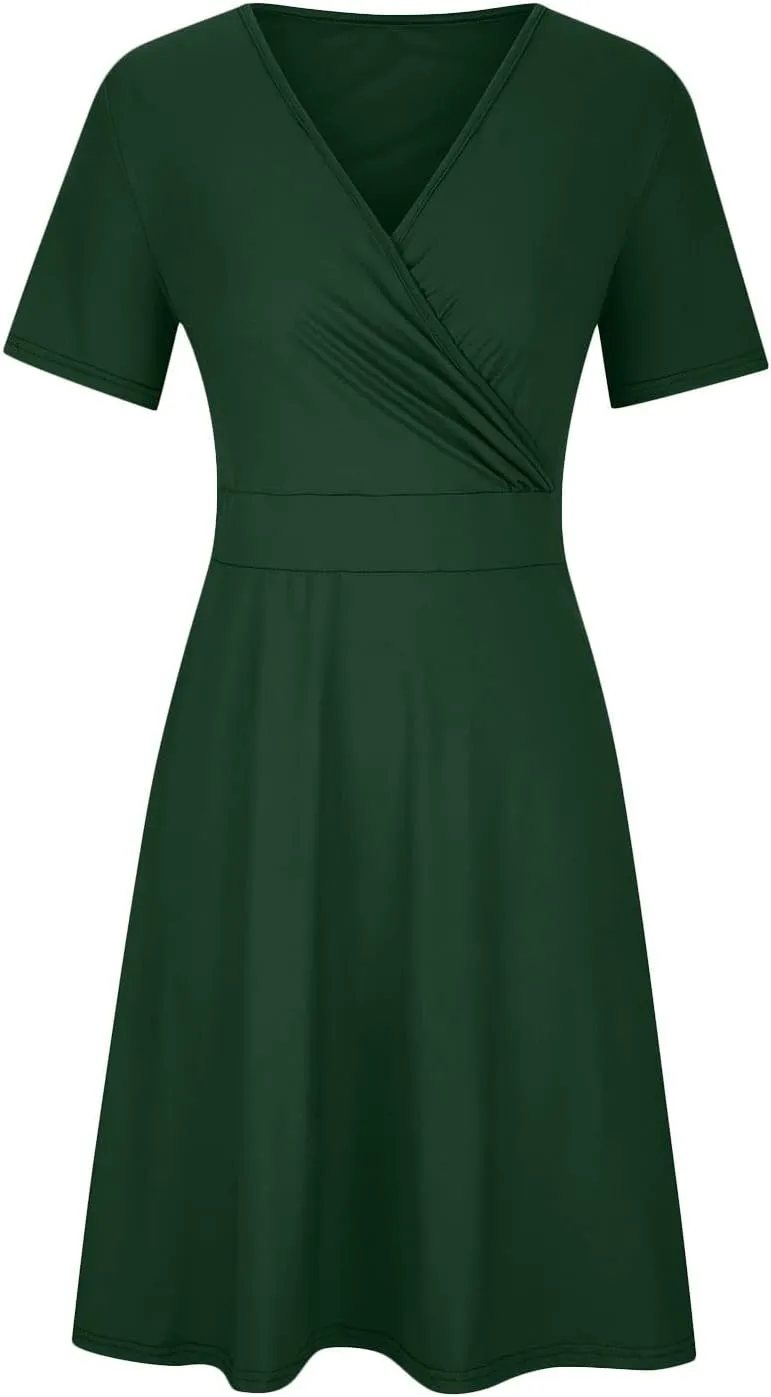 DDAPJ pyju Women's Plus Size Summer Dresses Wrap V Neck Short Sleeve Midi Dress Solid Color Loose Flowy Dress with Pockets