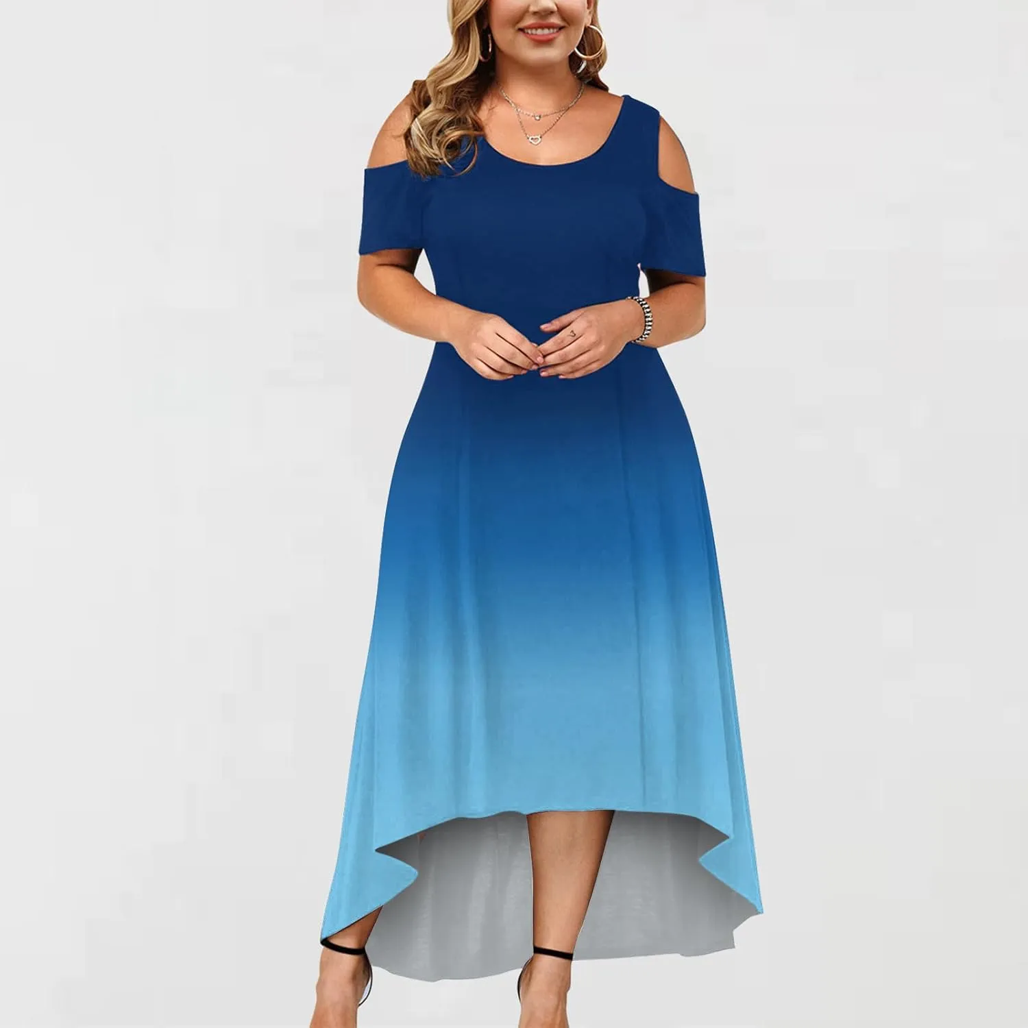 Dress for Women's Plus Size Cold Shoulder Maxi Dress Gradient Floral Skirt Beach Sundress Short Sleeves Midi Dress