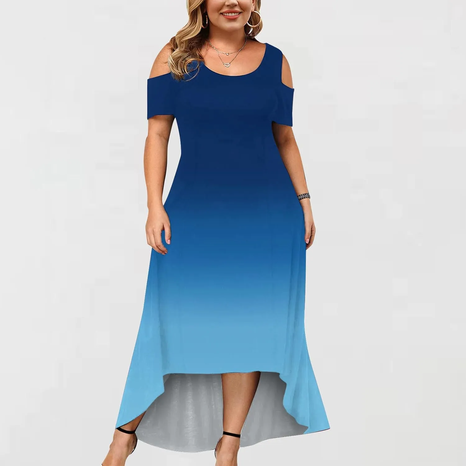 Dress for Women's Plus Size Cold Shoulder Maxi Dress Gradient Floral Skirt Beach Sundress Short Sleeves Midi Dress
