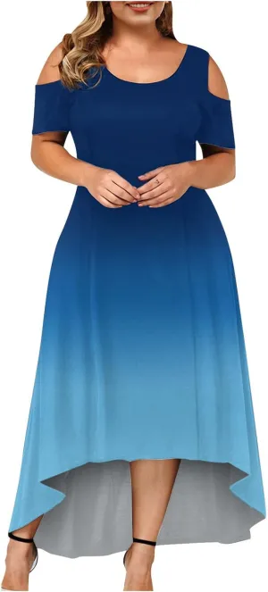 Dress for Women's Plus Size Cold Shoulder Maxi Dress Gradient Floral Skirt Beach Sundress Short Sleeves Midi Dress