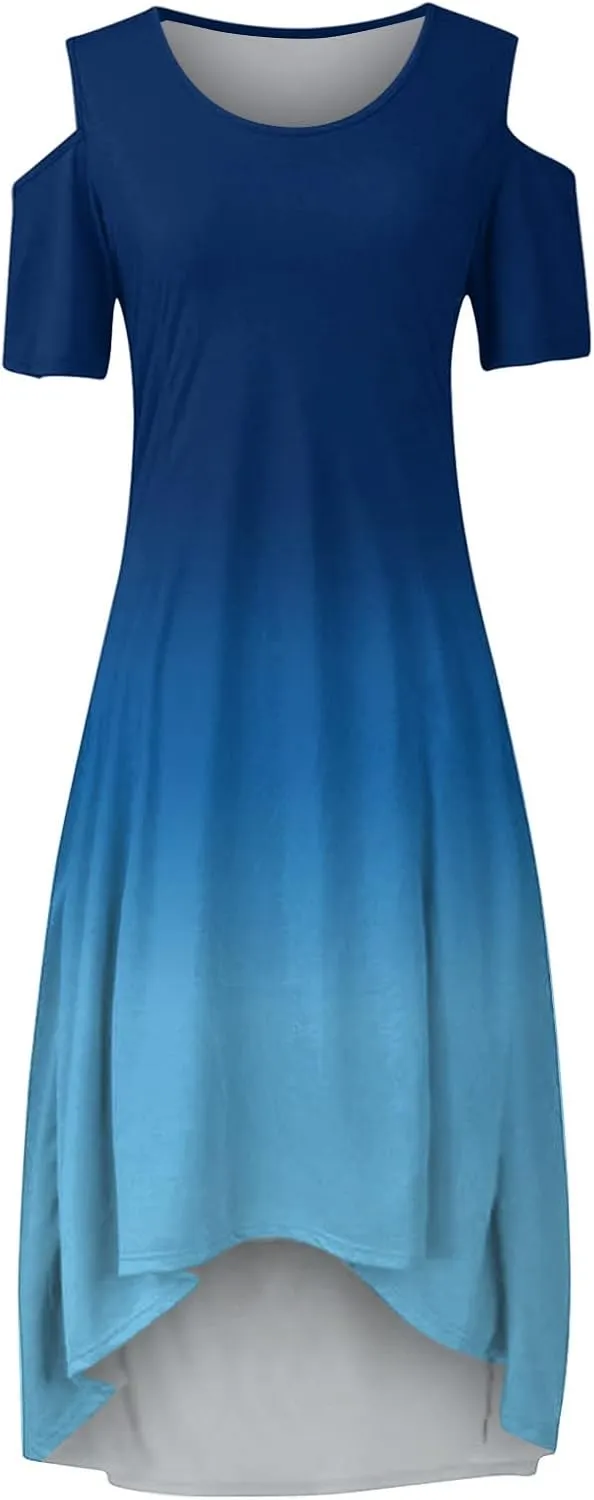 Dress for Women's Plus Size Cold Shoulder Maxi Dress Gradient Floral Skirt Beach Sundress Short Sleeves Midi Dress