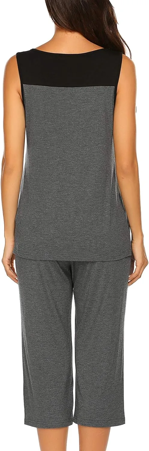 Ekouaer Capri Pajama Sets for Women 2 Piece Soft Cute Pjs Round Neck Sleeveless Lounge Set for Summer Sleepwear S-XXL