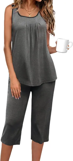 Ekouaer Capri Pajama Sets for Women 2 Piece Soft Cute Pjs Round Neck Sleeveless Lounge Set for Summer Sleepwear S-XXL