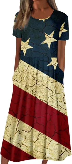 Formal Plus Size Summer Midi Dress Trendy Short Sleeve Smocked Swing 4Th of July Dress Casual Vintage Floral Dress