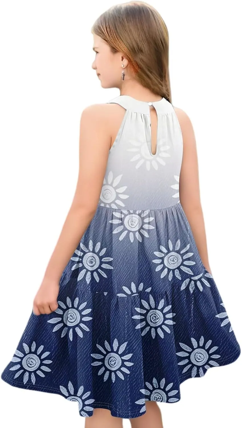 Girls Dresses Halter Neck Vintage Floral Sleeveless Girl Dress Casual Swing Smocked A Line Sundress Summer Dresses
